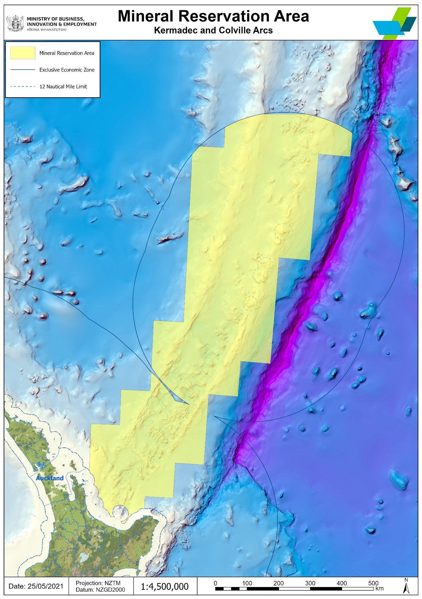 Map of the mineral reservation area in the Kermadec and Colville Arcs above New Zealand